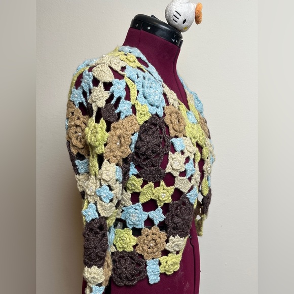 Crochet knit Prima Bella cardigan in green, blue, tan & brown💚 - Picture 5 of 6
